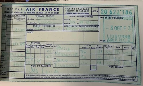 An Air France passenger ticket from 1963, issued by the Lisbon agency