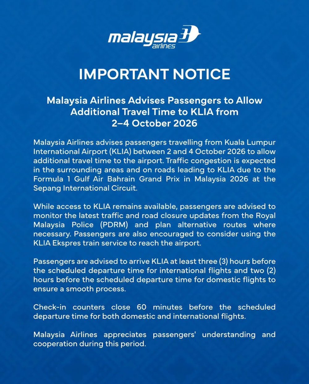 Malaysia Airlines important notice advising passengers to allow additional travel time to KLIA from 2 to 4 October 2026 during the Formula 1 race at Sepang